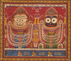 
	
		The triad of Jagannath-Subhadra -Balabhadra, Puri, India, first half 20th century, opaque...