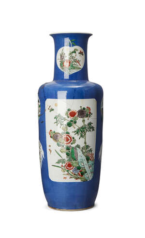 
	
		A large Chinese porcelain rouleau vase, 19th century, painted in famille verte enamels...
