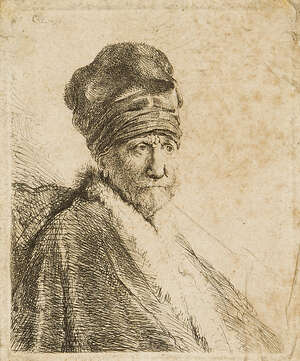 Rembrandt van Rijn, 
		Dutch 1606-1669- 
		 
		Bust of a Man wearing a high cap (the artist's father?), three-quarter length;
		 
		etching, signed 