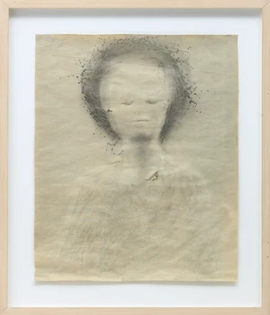 Matt Bryans, British b.1977 - Untitled (Halo Woman), 2003;&nbsp;rubbed out newspaper, signed on the label...