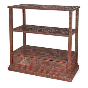 
	
		A cinnabar lacquer table-top display stand, 19th century, the three shelves finely carved...