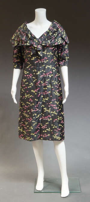 
	
		A Christian Dior Couture floral silk dress, number 3487, with large shawl collar, tied at...