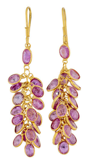 
	
		A pair of pink sapphire drop earrings, composed of multiple oval pink sapphire collets,...