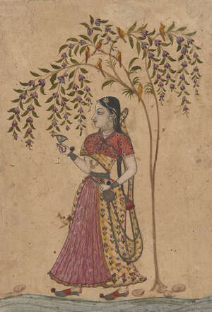 
	
		Girl holding a Wine Cup and Bottle standing under a Tree, North Deccan, possibly Maratha,...