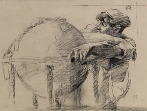 Sir Frank Brangwyn RA RBS RBA,&nbsp;British 1867-1956,&nbsp;Boy with Globe;&nbsp;monochrome lithograph on wove,&nbsp;