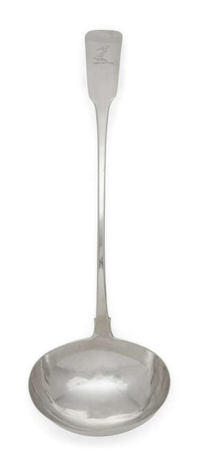 
	
		A large Irish silver soup ladle, Dublin, c.1820, possibly Samuel Neville, of fiddle...