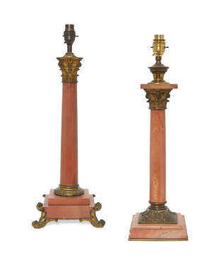 
	
		A Continental gilt metal and pink marble oil lamp base, converted to a lamp, 19th...