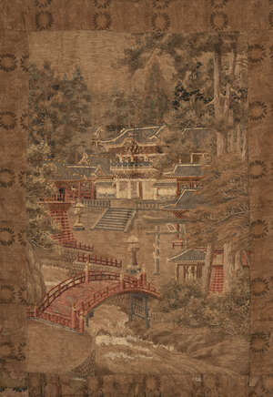 
	
		Japanese embroidered wall hanging, 19th century, depicting a spectacular mountain shrine,...