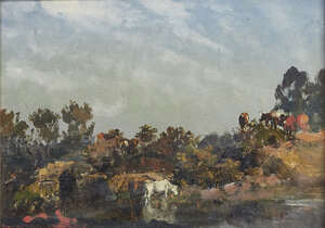 
	
		Circle of Francis Danby ARA, 
		Irish 1793-1861- 
		 
		Landscape with cows by a...