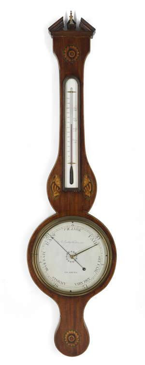 
	
		A Regency mahogany combination wheel barometer/thermometer, by A Gatty, Reading, early...