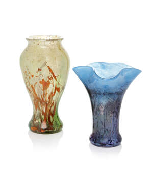 
	
		Monart, a glass vase with trefoil neck in shades of blue 
		20th Century, shape HB 
		