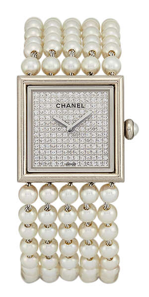 
	
		An 18ct white gold diamond and cultured pearl 'Mademoiselle' quartz wristwatch, by Chanel