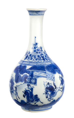 
	
		A rare Chinese porcelain bottle vase, Kangxi period, painted in underglaze blue with a...