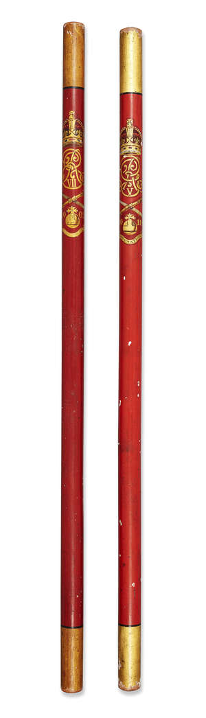 
	
		Two polychrome and parcel-gilt Coronation Marshals batons, one for Edward VII, dated...