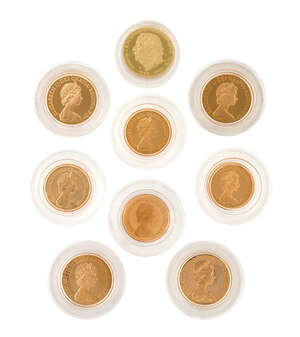 A group of 9 various gold coins, comprising: four Elizabeth II, proof sovereigns and four proof half sovereigns, all dated 1980; and a commemorative gold coin 