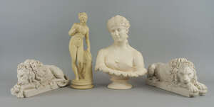 
	
		A pair of resin marble models of Canova's lions, of recent manufacture, bearing impressed...