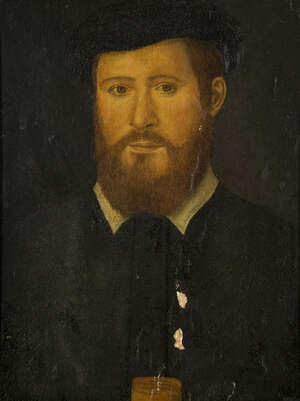 Circle of Hans Eworth, 
		Flemish act 1540-1573- 
		 
		Portrait of a man quarter-length, wearing a black cap and coat; 
		 
		oil on panel, 28.6x21.8cm