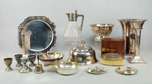 
	
		A quantity of silver plate, to include candlesticks, trays, claret jug, flatware, wine...