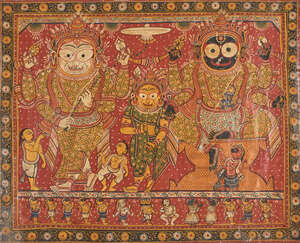 
	
		The triad of Jagannath-Subhadra -Balabhadra, Puri, India, first half 20th century, opaque...