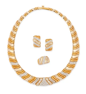 A continental two colour, diamond set collar necklace, ring and earrings suite, of graduated...