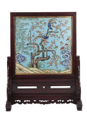 
	
		A large Chinese hardwood and cloisonné scholar's table screen, 17th/18th century, 