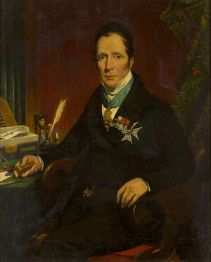 
	
		British School, 
		mid 19th century- 
		Portrait of a gentleman, seated three-quarter...