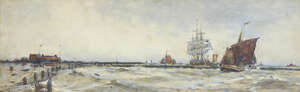
	
		Frank Henry Mason RBA RI RSMA, 
		British 1875-1965-
		Shipping off a pier;
		