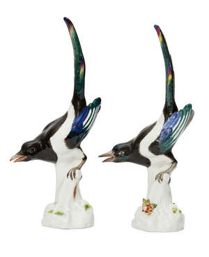 
	
		Two similar Meissen models of Magpies, c.1910 and 1985, blue crossed swords marks,...