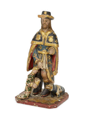 
	
		A Continental polychrome carved wood model of Saint Roch, 18th century, wearing a...