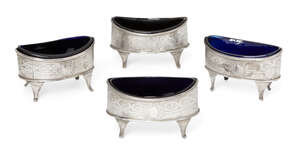 Four late Georgian salts with blue glass liners, London, c.1799, John Gold, each oval silver...