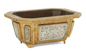
	
		A Chinese gilt metal and hardstone jardinière, 19th century, of canted rectangular form,...