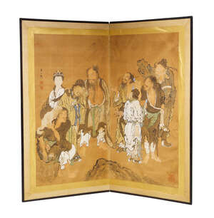 
	
		A Japanese two section screen, late 19th century, ink and colour on paper, painted with...