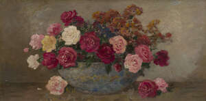Camille Matisse,
French, early-mid 19th century- 
 
Roses in a bowl; 
 
oil on board, signed and inscribed 'Camille Matisse - Paris' lower centre,30.5 x 60.5