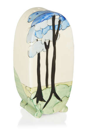 
	
		Clarice Cliff (1899-1972), 
		 
		'Bonjour' sifter in 'Blue Coral Firs' pattern,...