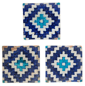 
	
		Three geometric Multan tiles, Sind, Pakistan, 19th century, of square form, underglaze...