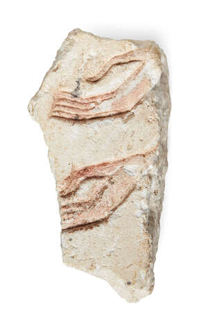 
	
		An Egyptian style limestone relief fragment carved with two pairs of hands raised in...