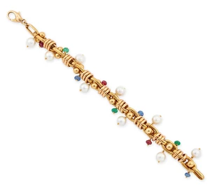 A cultured pearl and gem bead bracelet, with cultured pearl, emerald, ruby, and sapphire bead...