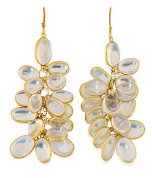 
	
		A pair of moonstone drop earrings, composed of multiple oval cabochon moonstone collets,...