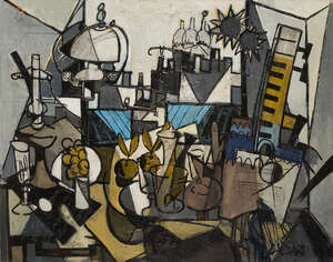 
	
		Claude Venard, 
		French 1913 - 1999- 
		 
		Nature Morte au Sacré Coeur, 1991; 
		 
		