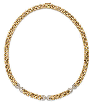 
	
		A gold and diamond necklace, of brick link design, with brilliant-cut diamond set double...