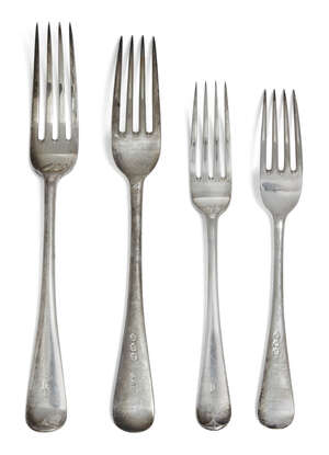 
	
		A set of twelve each Victorian silver table forks and dessert forks, London, c.1894,...