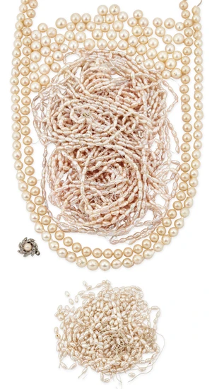 A group of cultured and freshwater cultured pearls, the strands of varying qualities, colours...