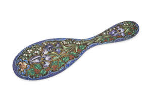
	
		A Russian silver and cloisonné enamel hand mirror, the reverse stamped with 88 zolotniki...