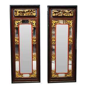 
	
		A pair of Chinese carved wood and cinnabar coloured architectural panels, probably 19th...