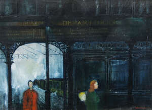 
	
		Naseem Husein, British, late 20th century- People at a train station; oil on canvas,...