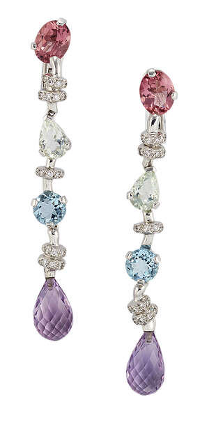 
	
		A pair of diamond and gem articulated drop earrings, by Chanel, the briolette-cut...