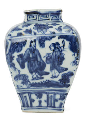 A Chinese porcelain square baluster vase, Jiajing mark and of the period, painted in underglaze blue to each side with a sage and an attendant in a wooded land