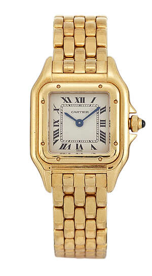 
	
		A lady's 18ct gold 'Panthere' quartz wristwatch, by Cartier, the square silvered dial...