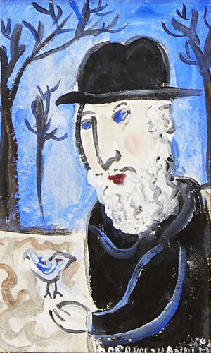 
	
		Dora Holzhandler,
		French/British 1928-2015- 
		 
		Rabbi with a white bird; 
		 
		