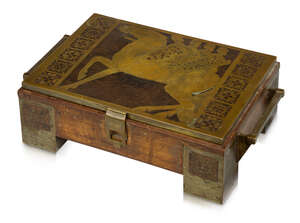 Erhardt & Sohne, a German Jugendstil brass inlaid rosewood and mahogany games/card box
		c.1910
		Twin-handled, the hinged top inlaid with four knights ridin
